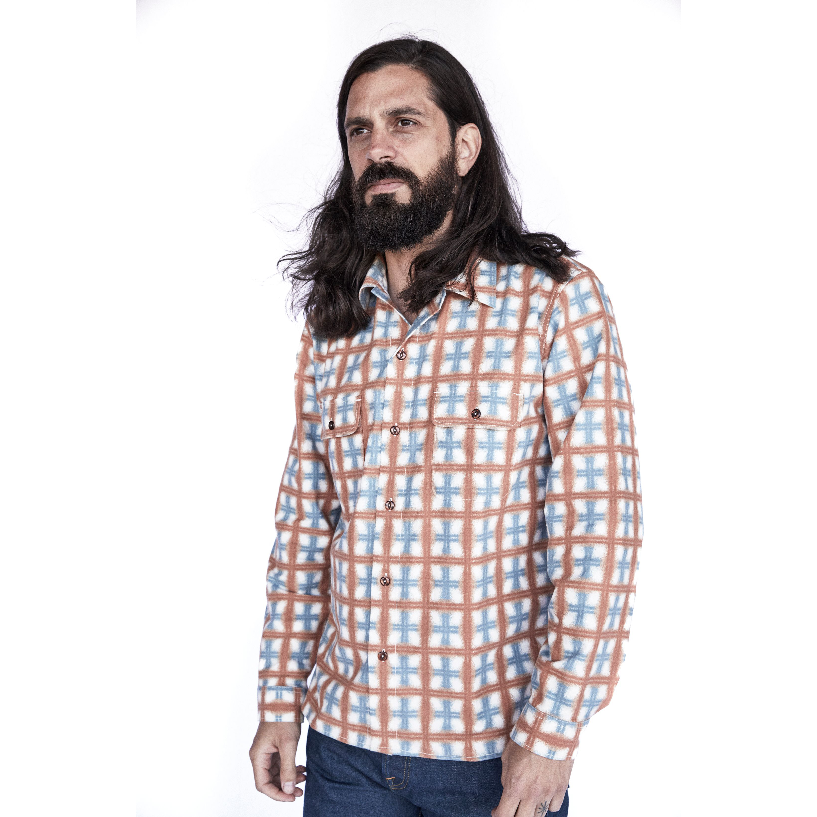 Indigofera | Webster | Printed Flannel | White / Orange / Blue