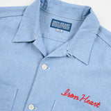 Iron Heart | IHSH-447-SAX | 5oz Cotton Linen Open Collar Short Sleeve Shirt - Sax Blue