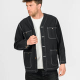 Iron Heart | IHJ-158-BLK | 10.5oz Herringbone Collarless Chore Jacket | Black Overdyed Black