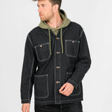 Iron Heart | IHJ-158-BLK | 10.5oz Herringbone Collarless Chore Jacket | Black Overdyed Black