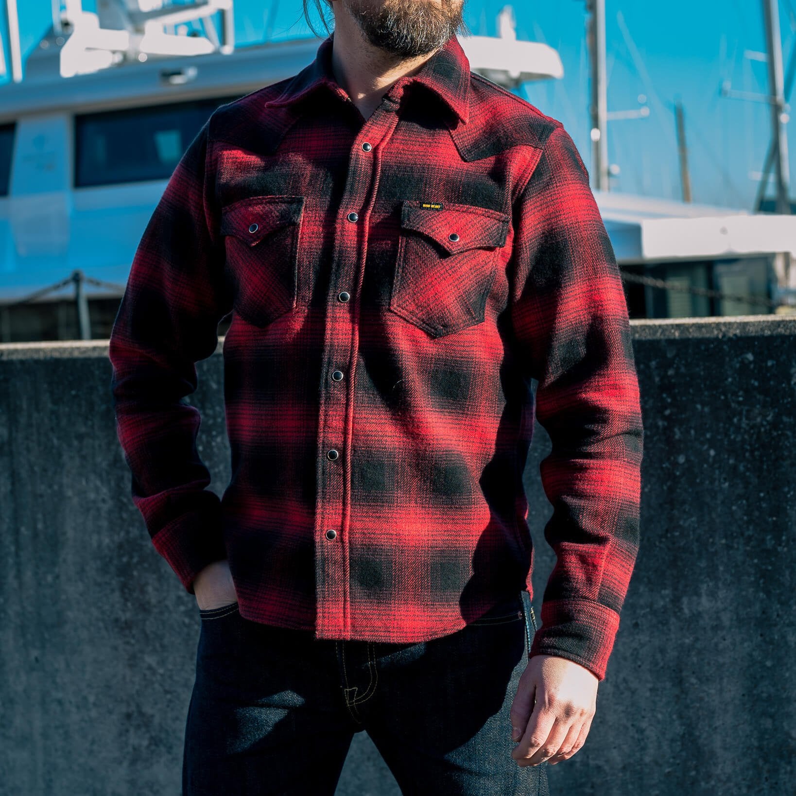 Iron Heart | IHSH-264-RED | Ultra Heavy Flannel Ombré Check Western Shirt | Red/Black