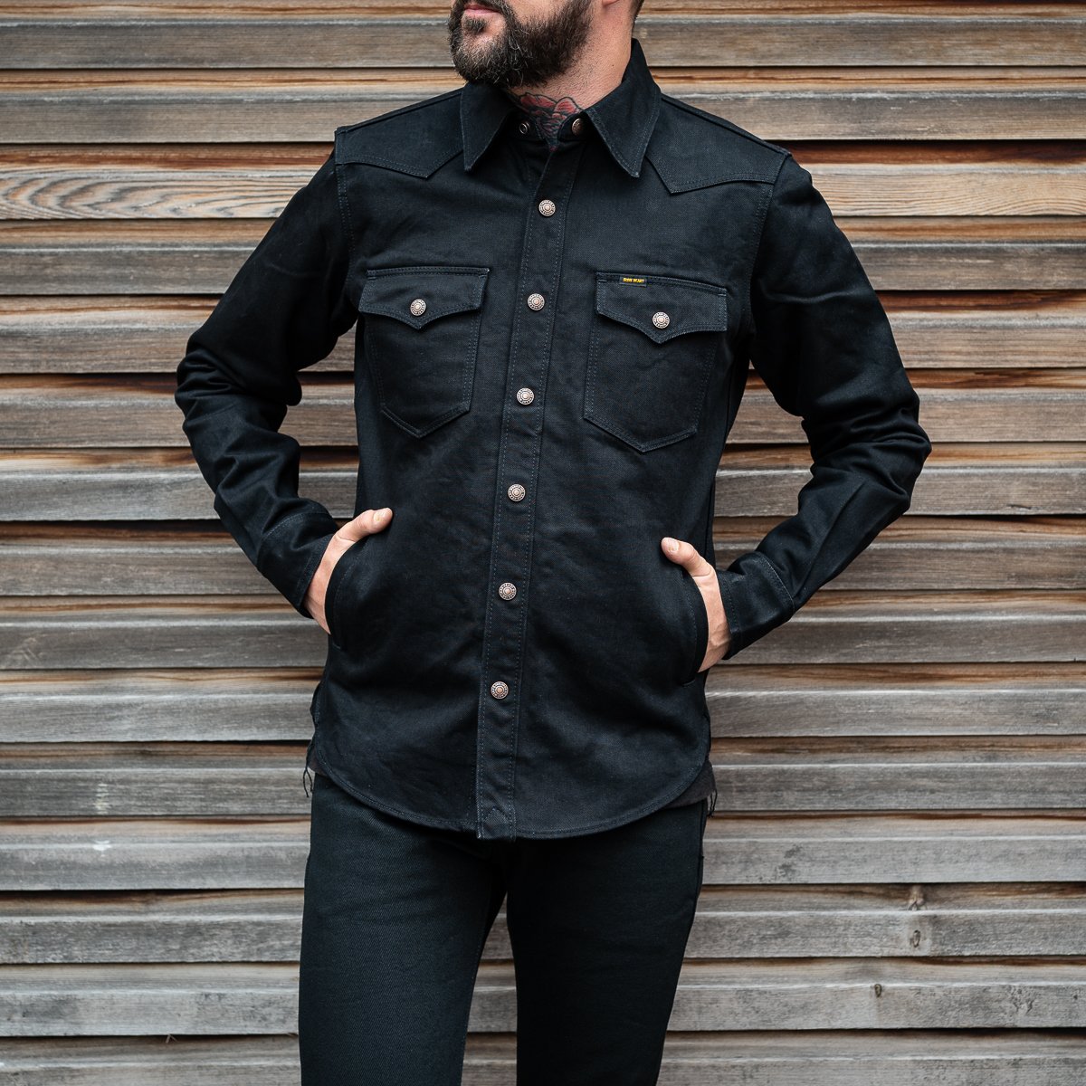 Iron Heart | IHSH-362-BLK | 16oz Non-Selvedge Denim CPO Shirt | Superblack (Fades To Grey)