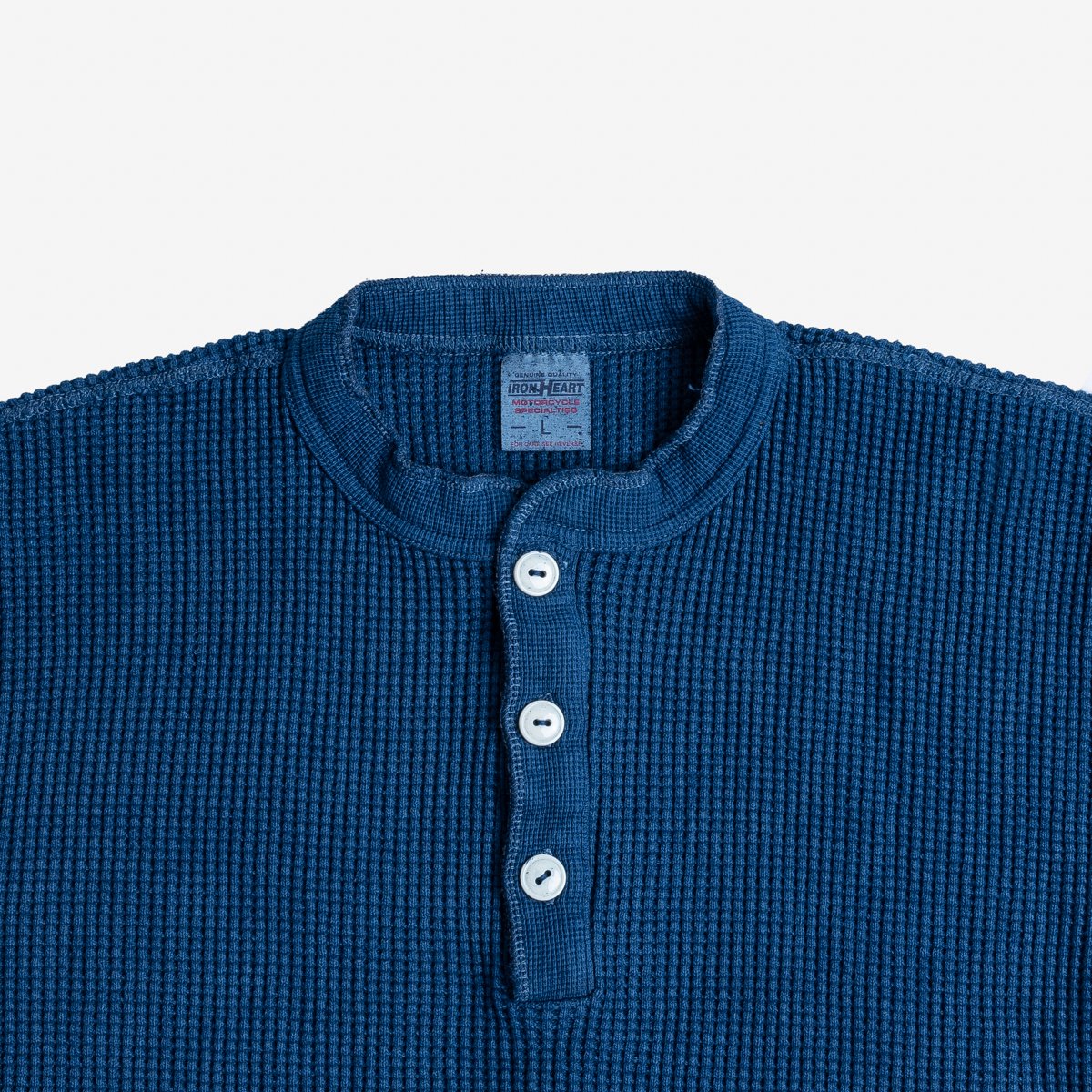 Iron Heart | IHTL-1213-IND | Waffle Knit Long Sleeved Thermal Henley | Indigo Dyed