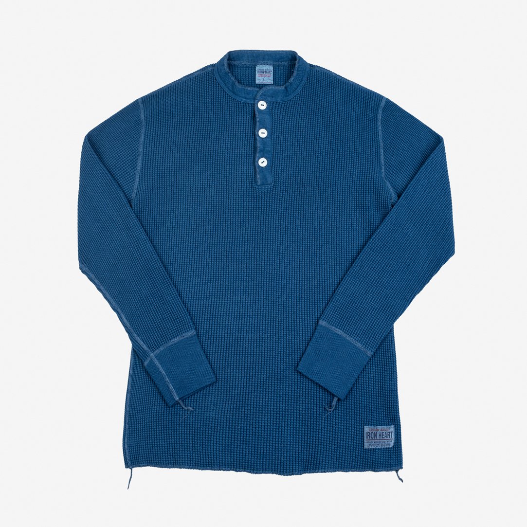 Iron Heart | IHTL-1213-IND | Waffle Knit Long Sleeved Thermal Henley | Indigo Dyed