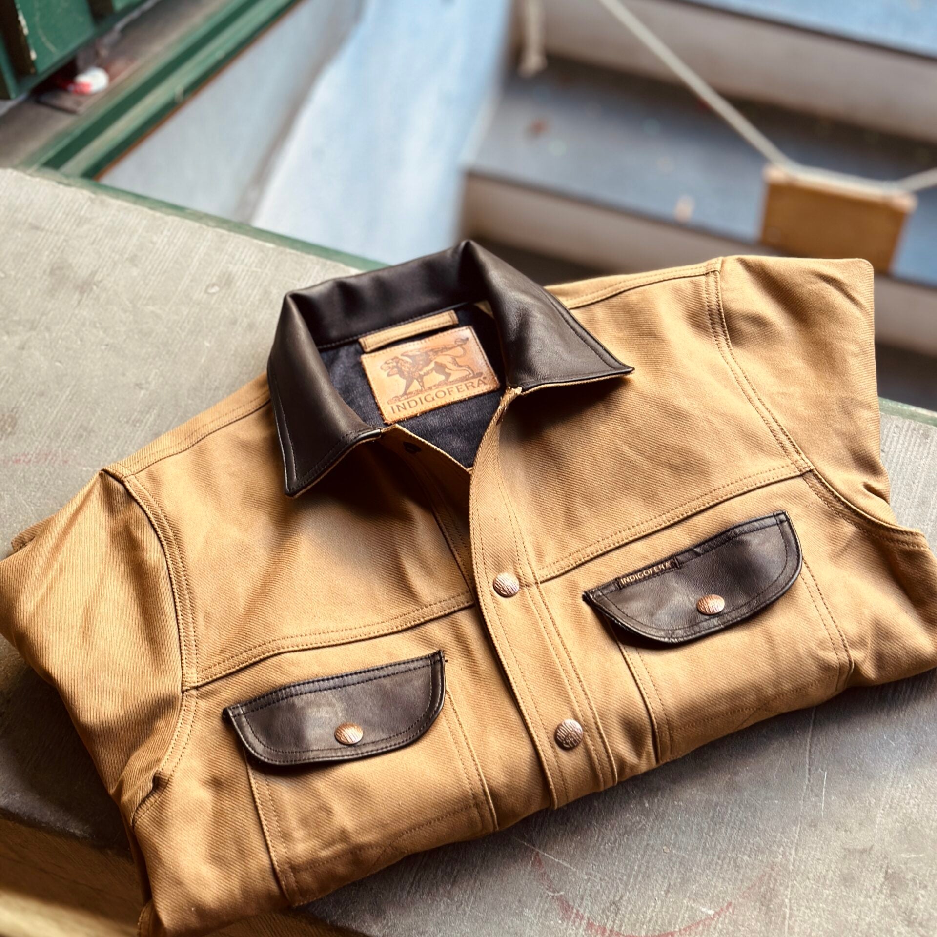 Indigofera | Fargo Trucker | Military Serge with Leather