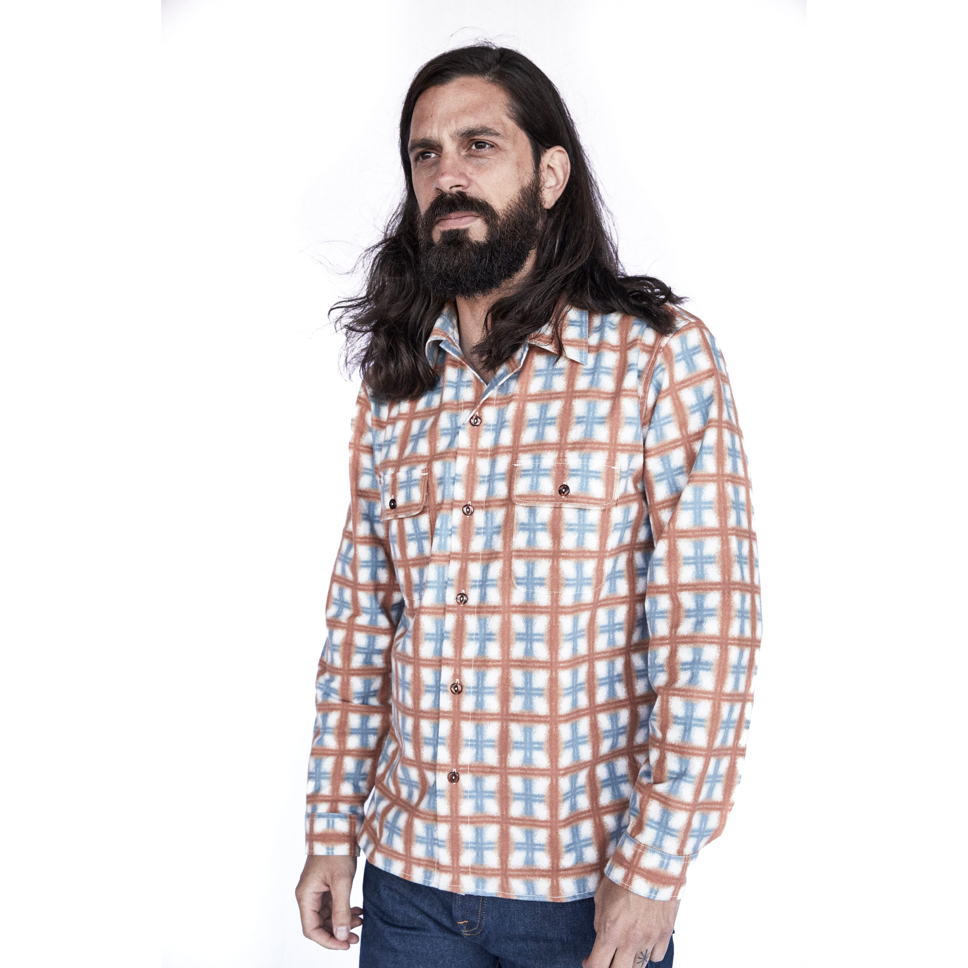 Indigofera | Webster | Printed Flannel | White / Orange / Blue